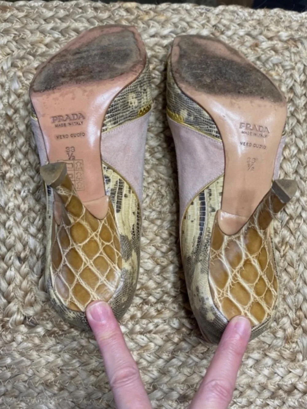 Prada alligator/ lizard gold pale pink peep toe heels Size 8 /38